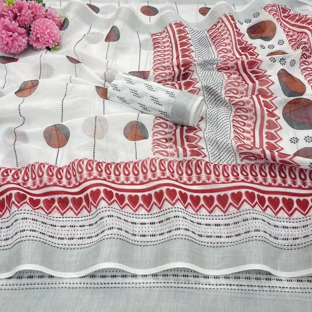 Linen Printed Saree for Women, Multicolor (6.3 m)