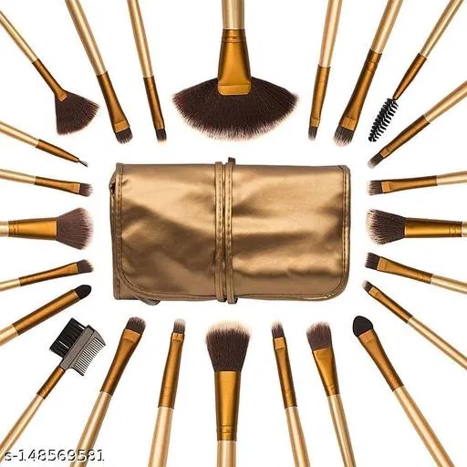 24 Pcs Golden Natural Cosmetic Brush set with Pouch Case (Pack of 24)