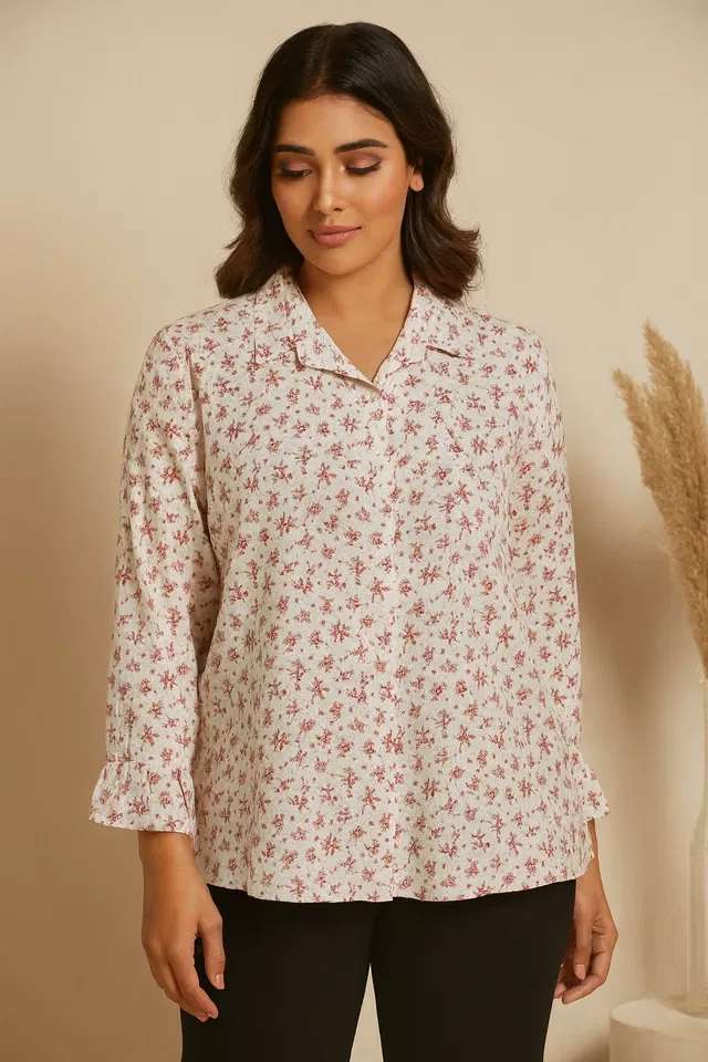 Women's Floral Button Down Top, M (White)