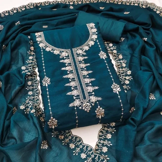 Vichitra Silk Embroidered Unstitched Suit Fabric, Teal