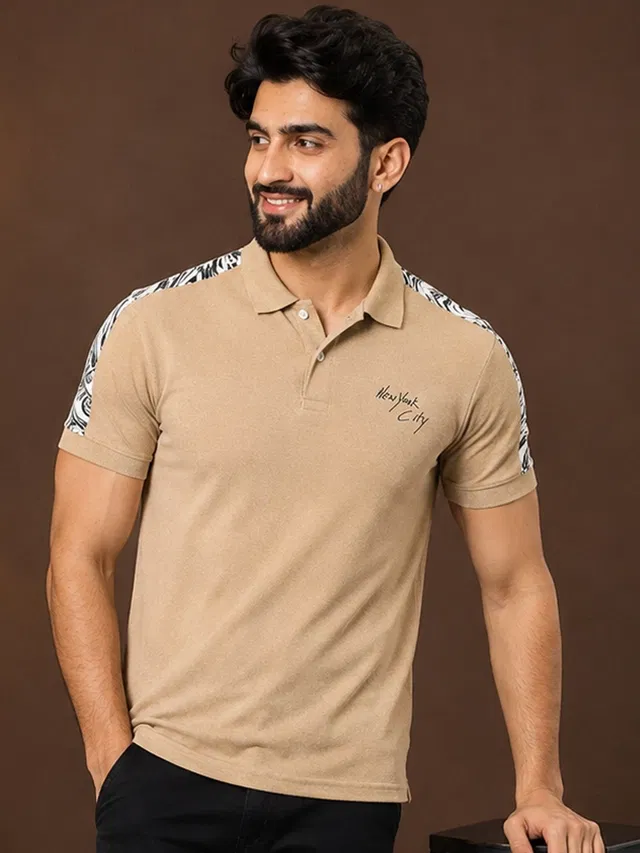 Polo Printed Short Sleeves T-shirt for Men (Beige, M)