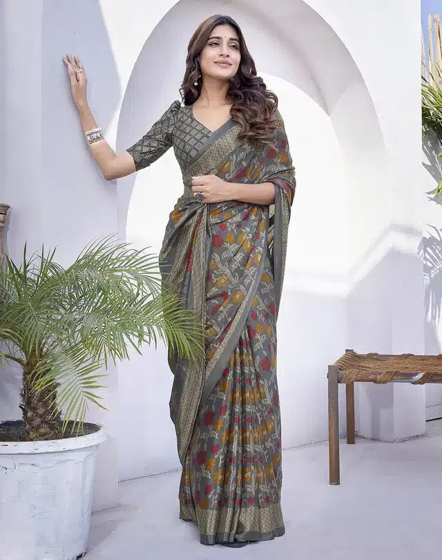 Chiffon Printed Saree for Women (Grey, 6 m)