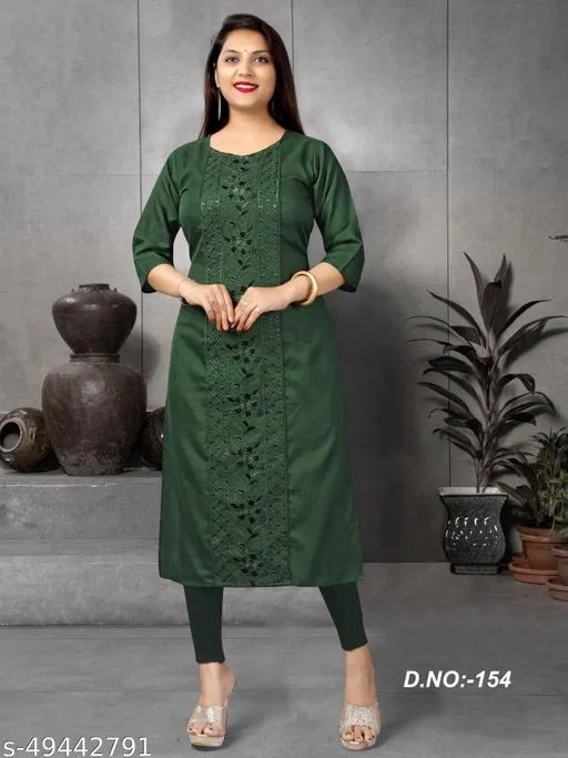 Floral Cotton Blend Kurti for Women (Green, M)