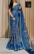 Silk Printed Saree for Women, Blue 