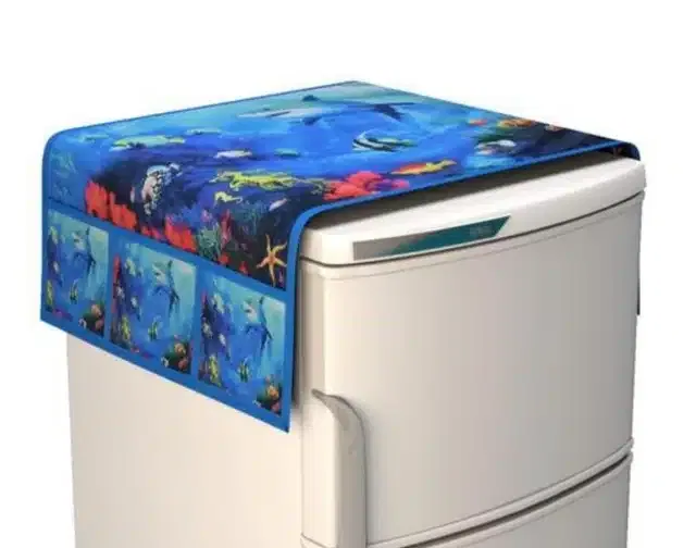 Knit Printed Fridge Top Cover with Side Pockets (Blue)