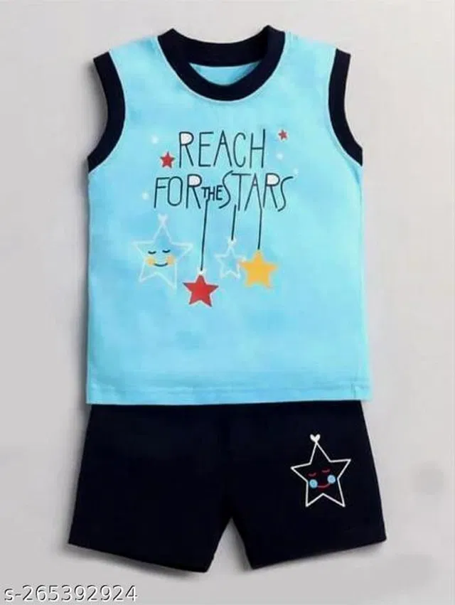 Hosiery Cotton Clothing Set for Boys (Sky Blue & Black, 3-6 Months)