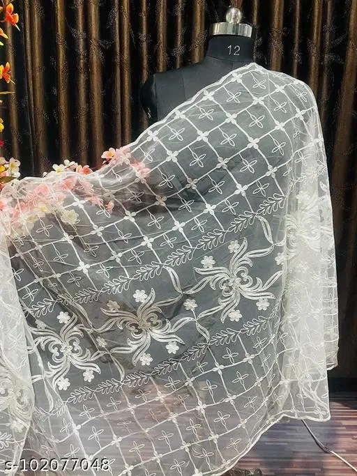 Floral Gota Work Embroidered Net Dupatta for Women (White, Free Size)
