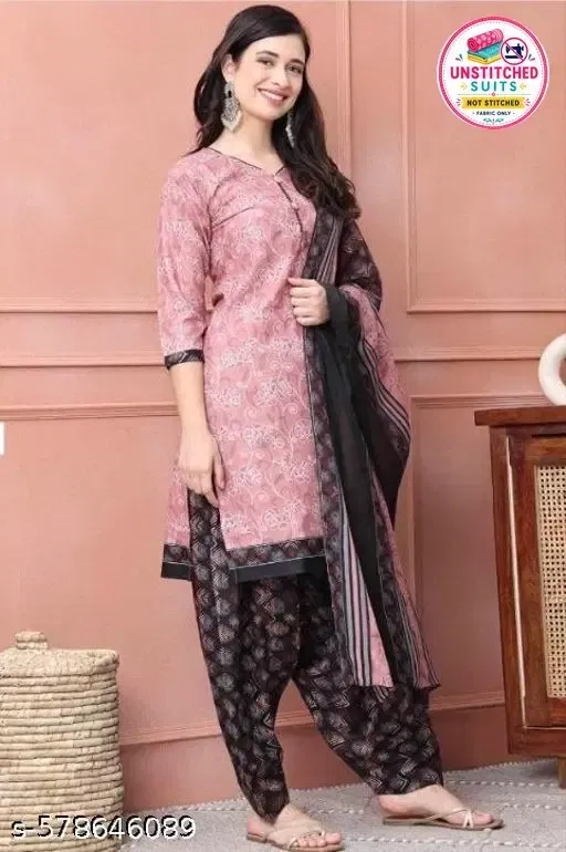 Cotton Printed Kurta, Patiala & Dupatta Set for Women (Pink, XXL)