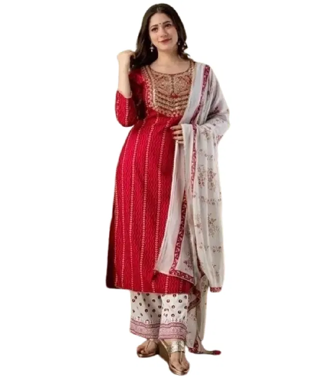 Rayon Embroidered Kurta with Pant & Dupatta for Women (Red, L)