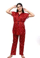 Satin Printed Nightsuit for Women (Red, XL)