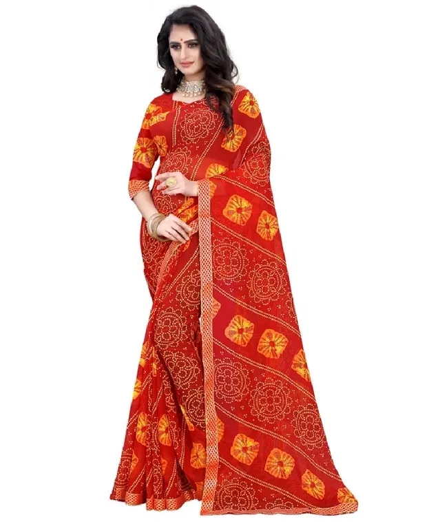 Georgette Bandhini Saree for Women (Red)
