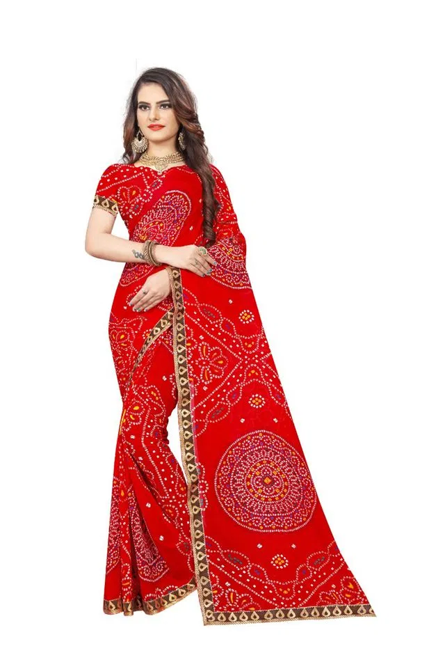 कानूड़ा फैंसी विमेंस जॉर्जेट फ्लावर प्रिंटेड साड़ी (रेड, 5.5 M) (K25)