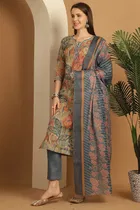 Cotton Blend Printed Kurti with Bottom & Dupatta Set for Women 