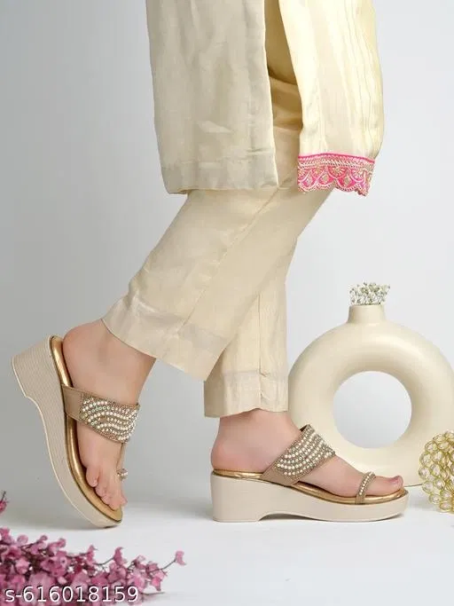 Shoetopia Brown Embellished Wedge Sandals (Size IND-7)