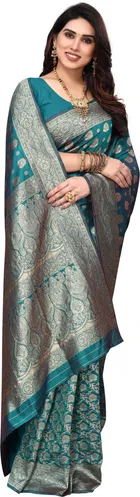 Silk Woven Design Saree for Women, Teal 
