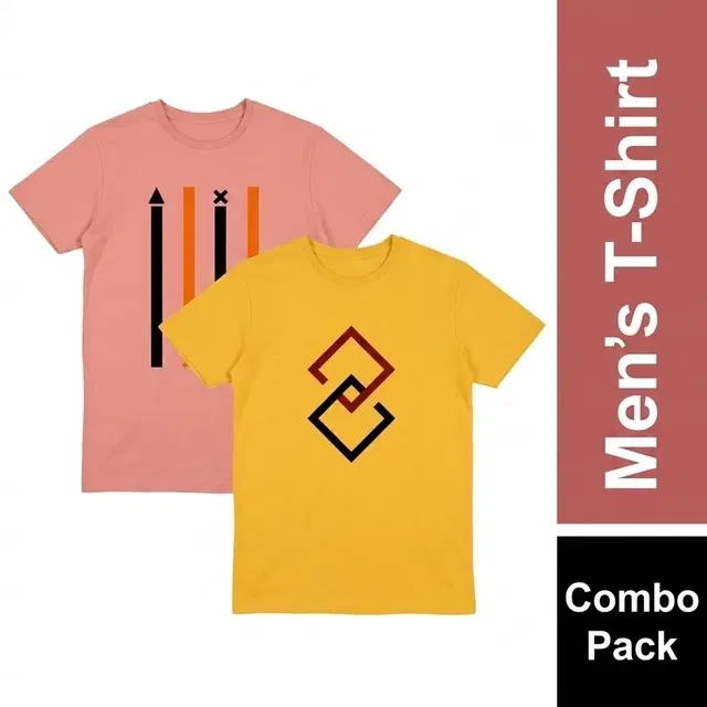 Men's Round Neck Printed T-Shirts - Pack of 2, Peach & Yellow, M