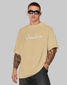 Round Neck Printed Oversized T-Shirt for Men (Beige, M)