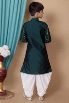 Dupion Silk Embellished Kurta with Dhoti for Boys, Bottle Green & White 