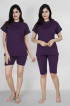 Polycotton Solid T-shirt with Shorts & Capri for Women (Purple, L)