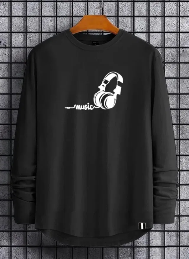 Round Neck Printed T-Shirt for Men (Black, L)