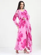 Crepe Printed Gown with Dupatta for Women (Pink, S)