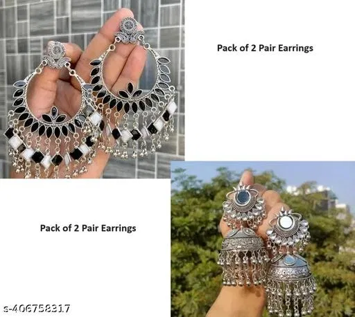 Pack of 2 Oxidised Earring, meenakari earring, jhumka earring