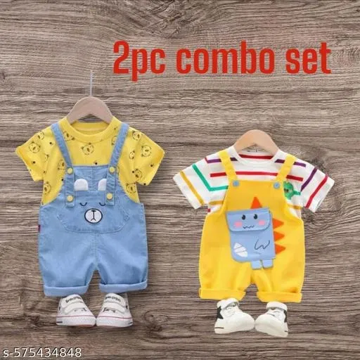 Hosiery Cotton & Denim Printed Clothing Set for Kids, Multicolor, Pack of 2 (0-3 Months)