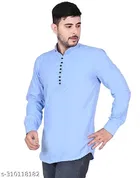 Cotton Blend Solid Short Kurta for Men, Blue 