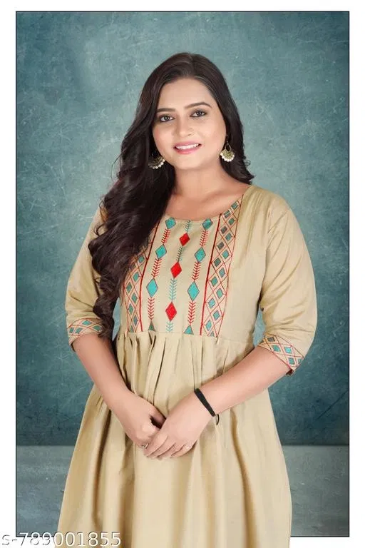 Embroidered Cotton Kurti for Women (Beige, L)