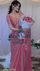 Organza Solid Saree For Women, Pink
