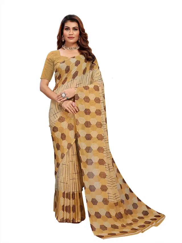 Georgette Printed Saree for Women (Yellow, 6.3 m)
