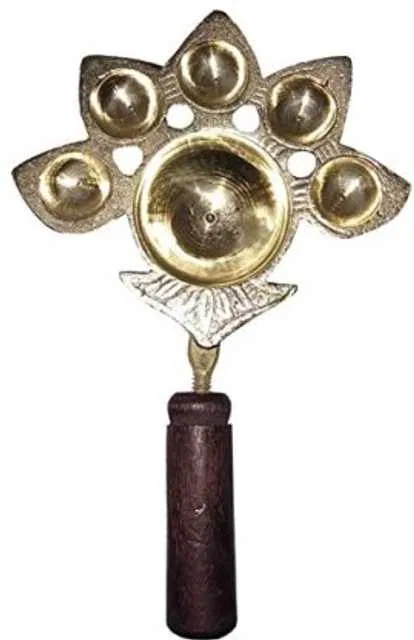 Pure Brass Wooden Panch Arti Diya (0.6 inch) (Pack Of 1) (BRD-028)