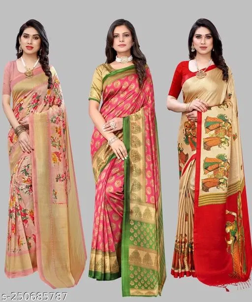 Art Silk Saree for Women, Pack of 3 (Orange, Free Size)