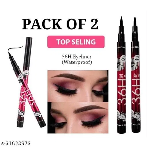 36H Waterproof Liquid Eyeliners (Black, Pack of 2)