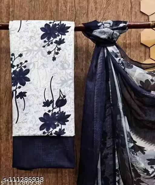 Floral Print Cotton Blend Unstitched Suit Fabric for Women, White & Blue