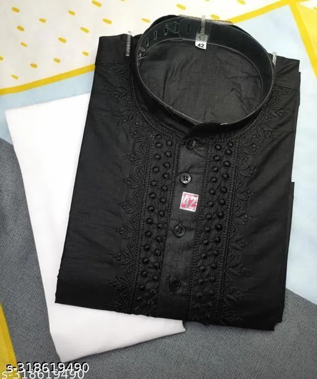 Cotton Embroidered Kurta with Pyjama for Men (Black & White, M)