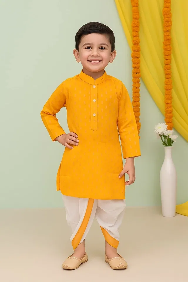 Cotton Blend Printed Kurta & Paints Set for Boys , Yellow (5-6 Years)