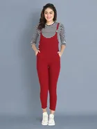 Cotton Blend Striped Jumpsuit for Women (Maroon, S)