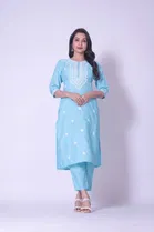 Cotton Embellished Kurta with Pant for Women (Blue, S)