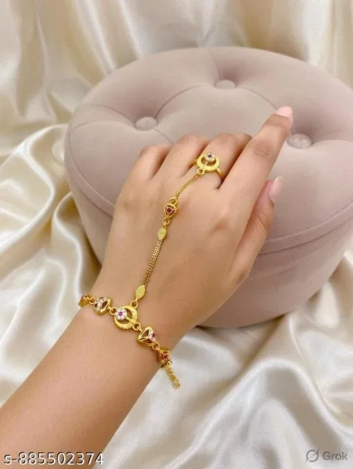 Bracelet with Ring for Women (Gold, Free Size)