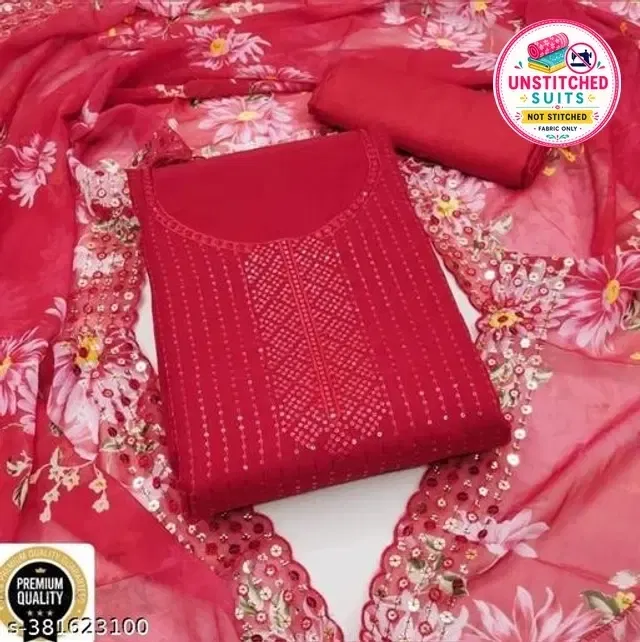 Embroidered Unstitched Suit for Women (Red, 2.25 m)