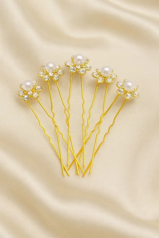 Metal Pearl & Stone Floral Hair Pins for Women (Gold, Pack of 6)
