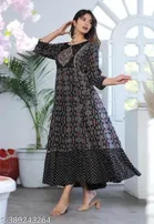Rayon Printed Anarkali Kurti for Women, Black 