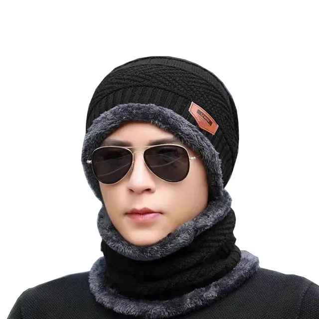 Woolen Cap with Neck Warmer for Men & Women (Black, Set of 1)