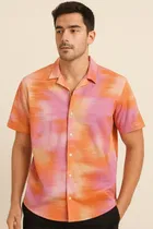 Half Sleeve Printed Shirt for Men (Pink, S)