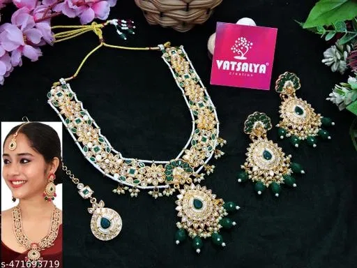 Traditional Kundan Pearl Long Bridal Neckkace Set for Women (Green, Free Size)