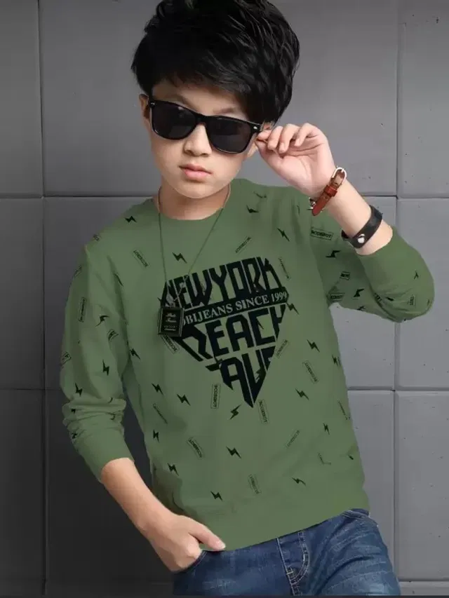 Cotton Blend Round Neck T-Shirts for Boys (Olive, 12-13 Years)