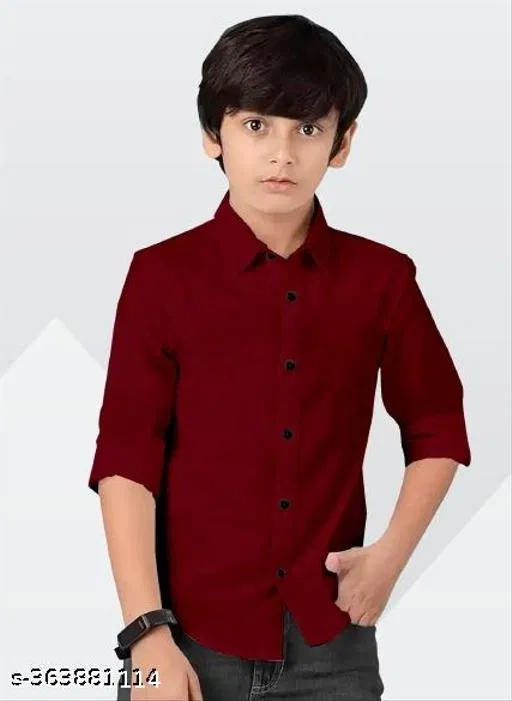 Solid Cotton Blend Long Sleeve Spread Collar Shirt for Boys (Maroon, 6-7 Years)