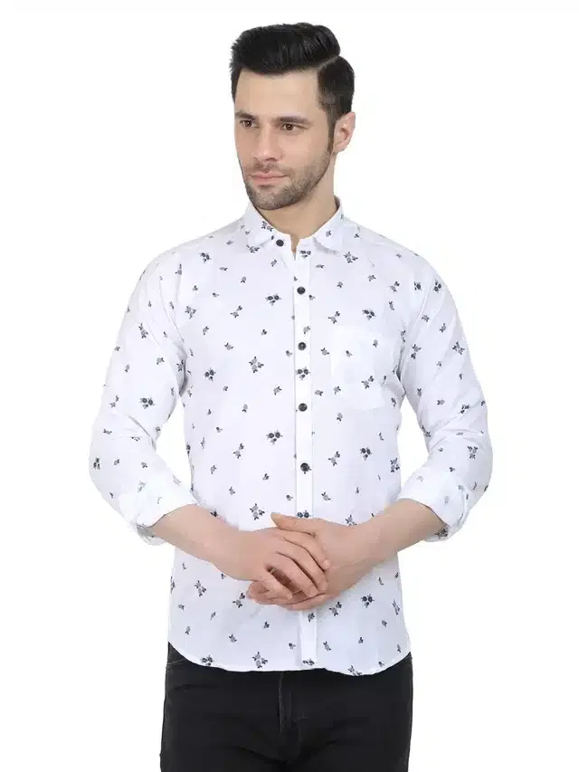 Full Sleeves Printed Shirt for Men (White, M)