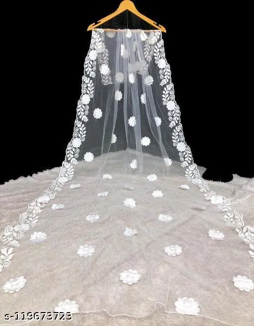 Embroidered Banarasi Net Floral Sewing & Embroidery (White, Free Size)